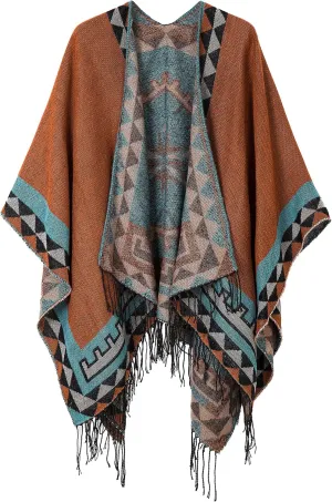 Urban CoCo Women's Printed Tassel Open front Poncho Cape Cardigan Wrap Shawl