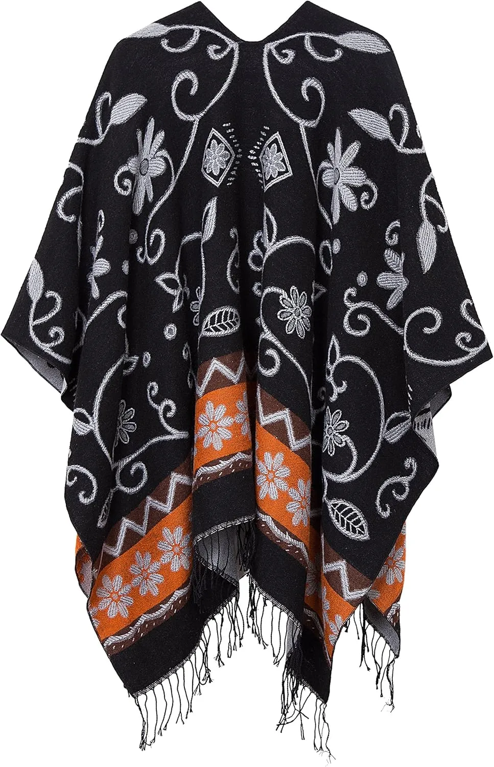 Urban CoCo Women's Printed Tassel Open front Poncho Cape Cardigan Wrap Shawl