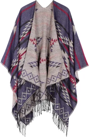 Urban CoCo Women's Printed Tassel Open front Poncho Cape Cardigan Wrap Shawl