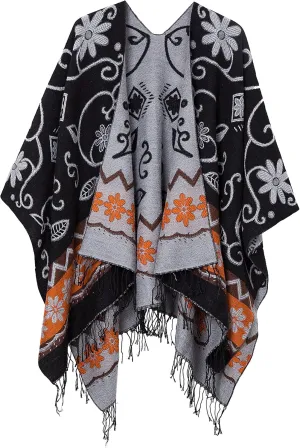 Urban CoCo Women's Printed Tassel Open front Poncho Cape Cardigan Wrap Shawl