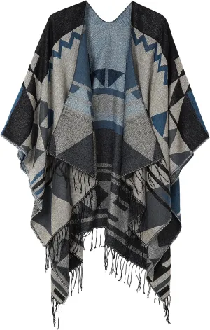 Urban CoCo Women's Printed Tassel Open front Poncho Cape Cardigan Wrap Shawl