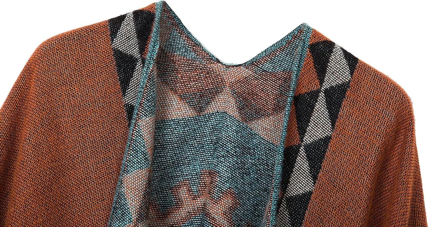 Urban CoCo Women's Printed Tassel Open front Poncho Cape Cardigan Wrap Shawl