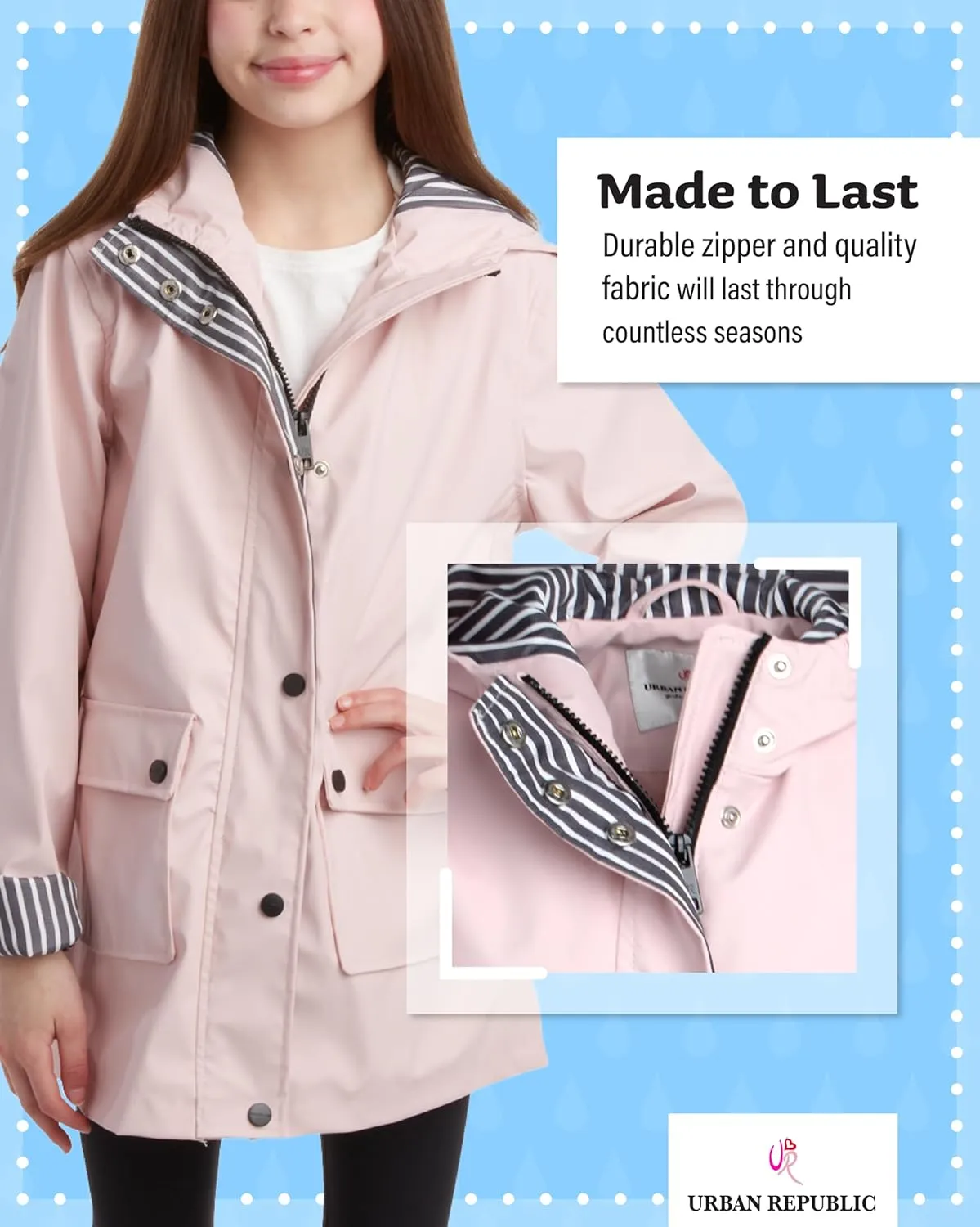URBAN REPUBLIC Girls' Rain Jacket - Water-Resistant Slicker Shell Outerwear Windbreaker Raincoat with Hood (Sizes: 7-16)