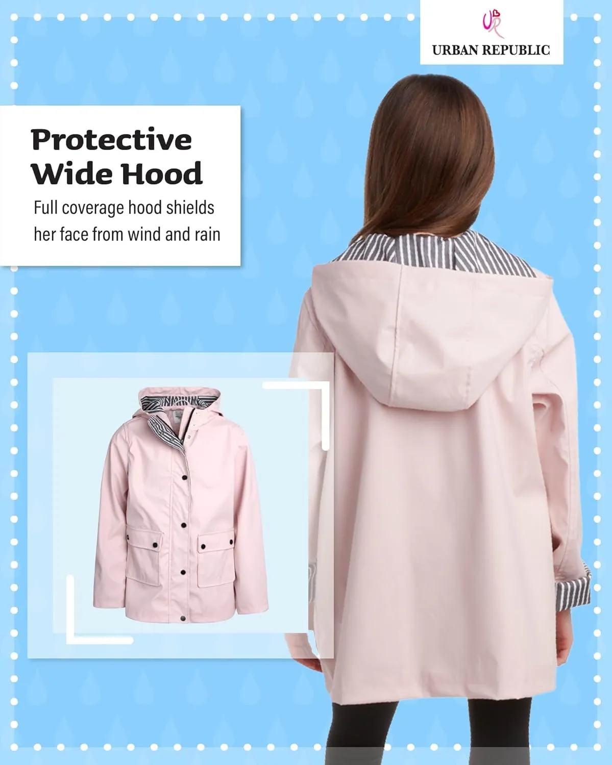 URBAN REPUBLIC Girls' Rain Jacket - Water-Resistant Slicker Shell Outerwear Windbreaker Raincoat with Hood (Sizes: 7-16)