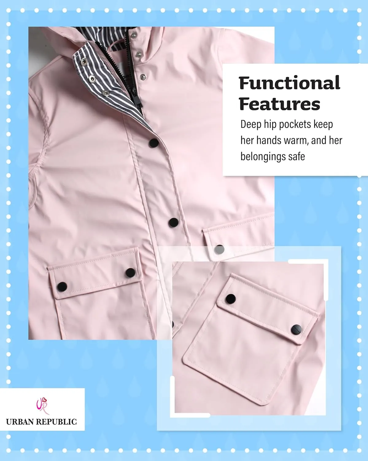 URBAN REPUBLIC Girls' Rain Jacket - Water-Resistant Slicker Shell Outerwear Windbreaker Raincoat with Hood (Sizes: 7-16)