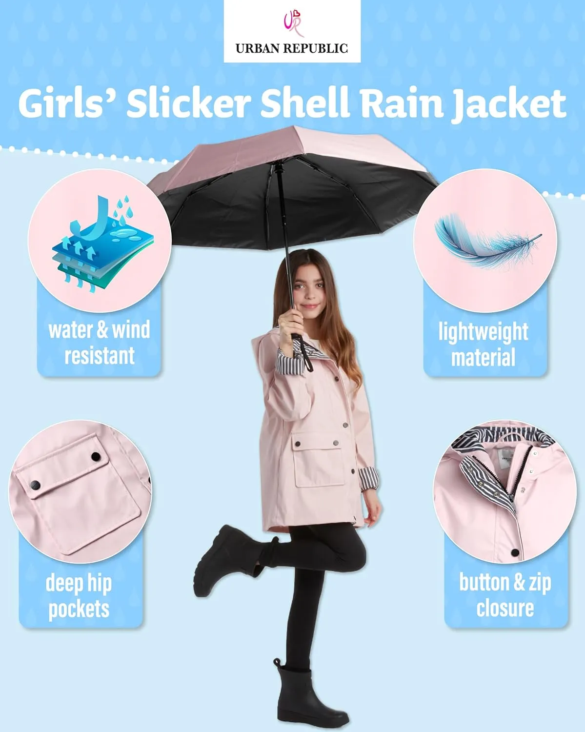 URBAN REPUBLIC Girls' Rain Jacket - Water-Resistant Slicker Shell Outerwear Windbreaker Raincoat with Hood (Sizes: 7-16)