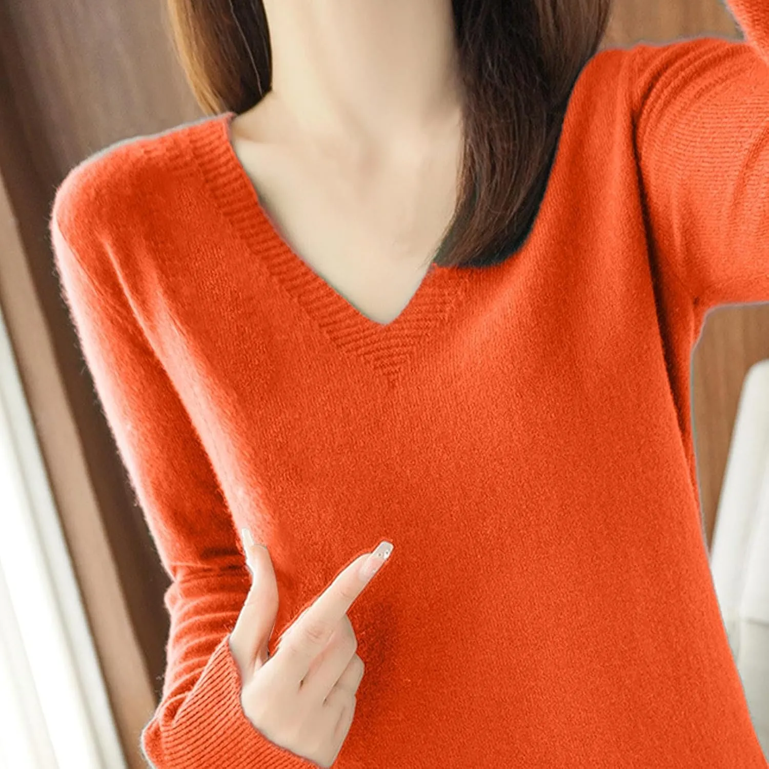 V Neck Cashmere Sweater for Women Fashion Soft Warm Long Sleeve Sweaters Solid Color Lightweight Cozy Trendy Outfits