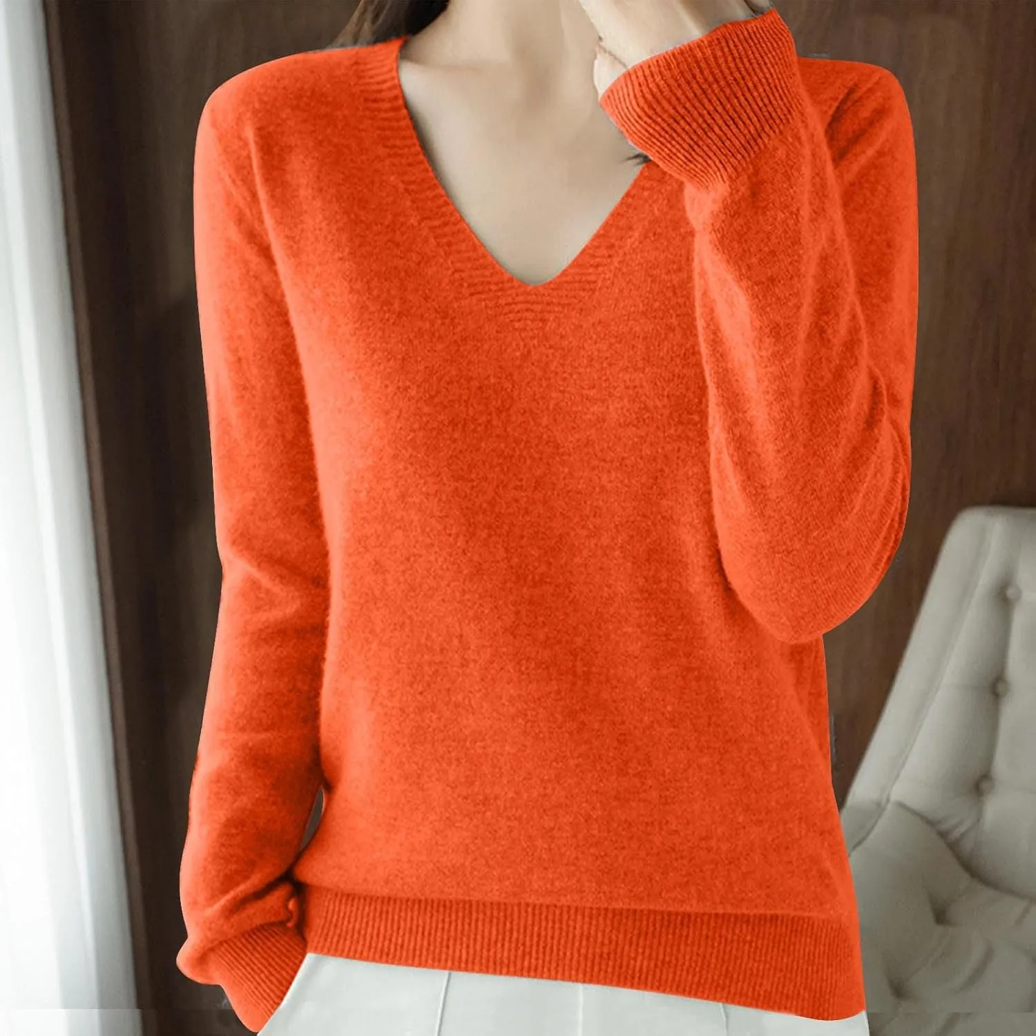 V Neck Cashmere Sweater for Women Fashion Soft Warm Long Sleeve Sweaters Solid Color Lightweight Cozy Trendy Outfits