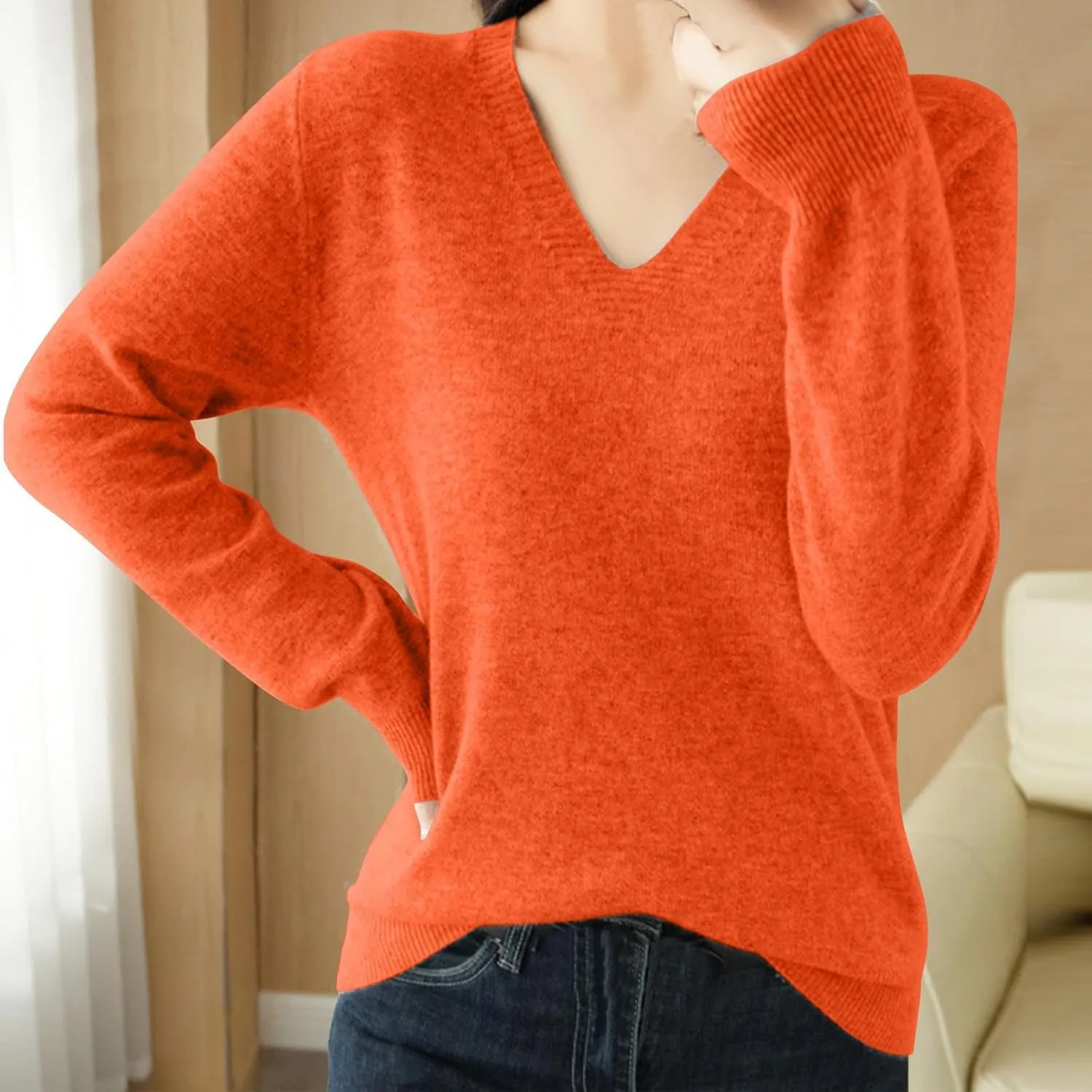 V Neck Cashmere Sweater for Women Fashion Soft Warm Long Sleeve Sweaters Solid Color Lightweight Cozy Trendy Outfits