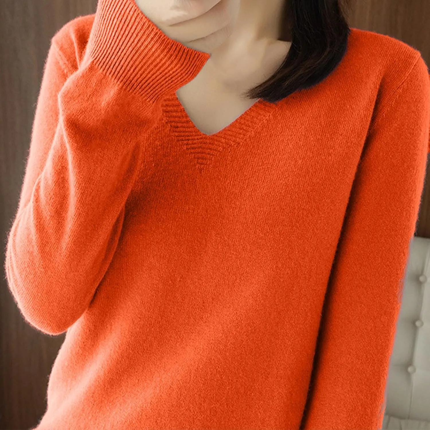 V Neck Cashmere Sweater for Women Fashion Soft Warm Long Sleeve Sweaters Solid Color Lightweight Cozy Trendy Outfits