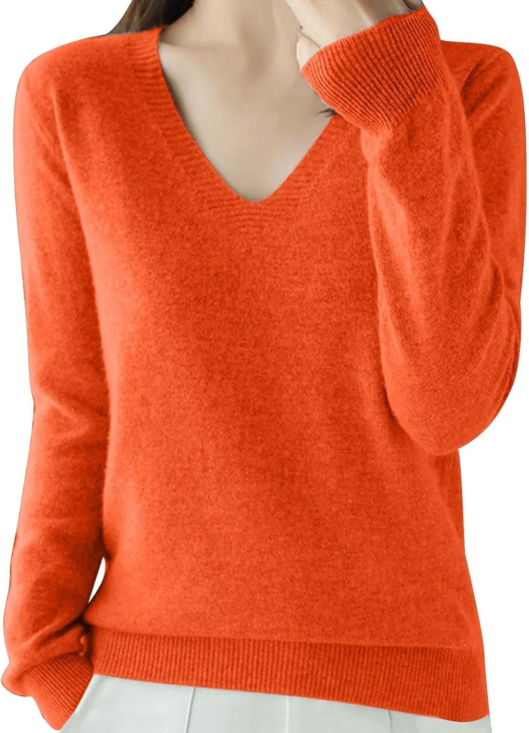 V Neck Cashmere Sweater for Women Fashion Soft Warm Long Sleeve Sweaters Solid Color Lightweight Cozy Trendy Outfits