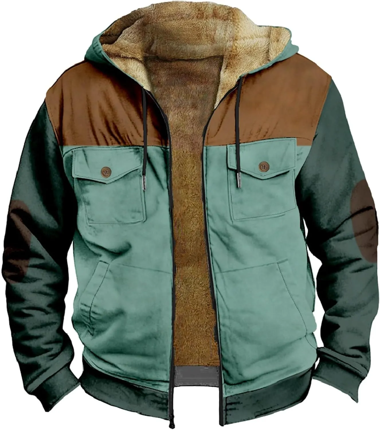 Vintage Patchwork Hoodies Jacket for Men Zip Up Winter Fleece Sherpa Lined Sweatshirt Long Sleeve Warm Coat Outerwear