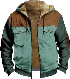 Vintage Patchwork Hoodies Jacket for Men Zip Up Winter Fleece Sherpa Lined Sweatshirt Long Sleeve Warm Coat Outerwear