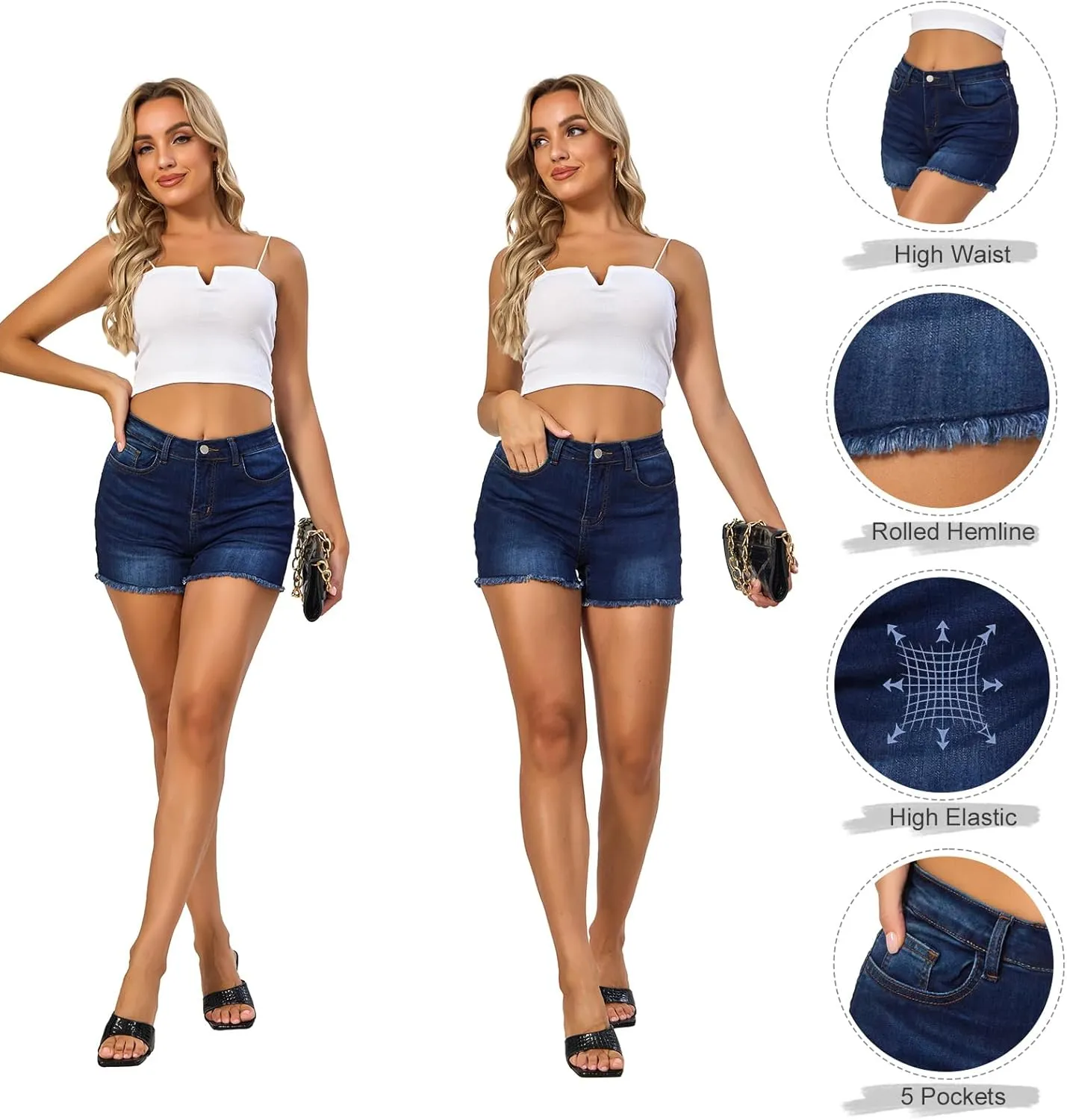 VIPONES Women Mid Rise Jeans Shorts Frayed Raw Hem Summer Stretchy Casual Denim Shorts