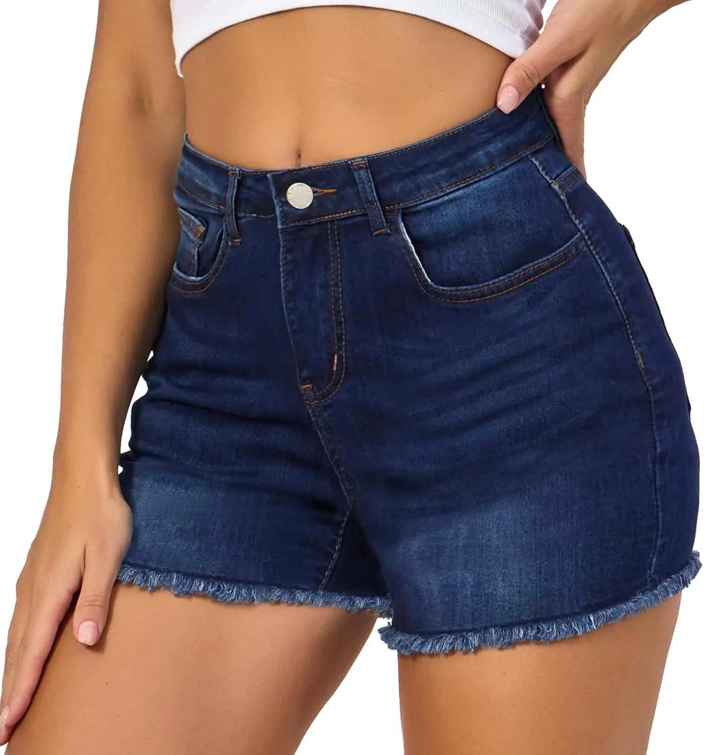 VIPONES Women Mid Rise Jeans Shorts Frayed Raw Hem Summer Stretchy Casual Denim Shorts