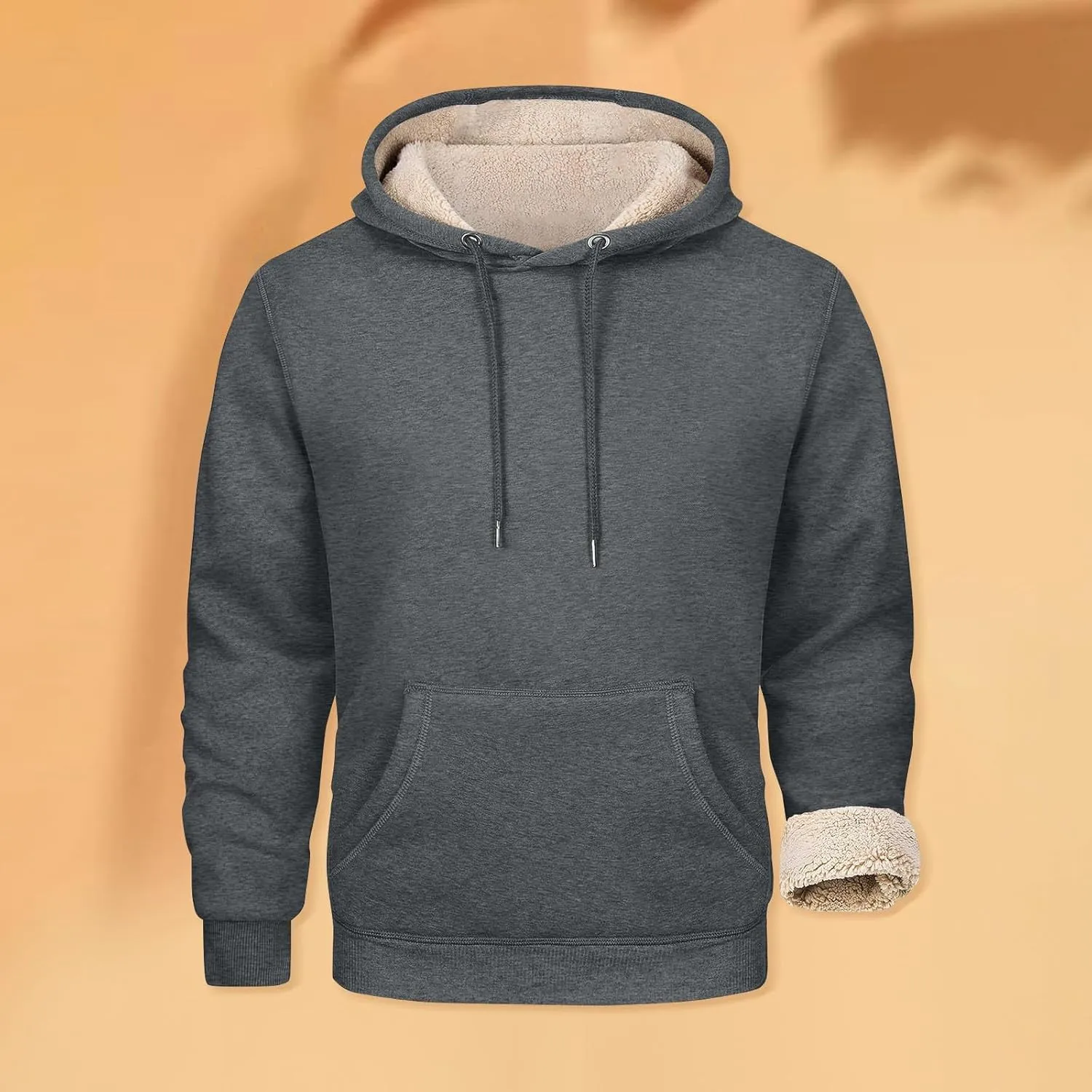 Winter Fleece Hoodies for Men Baggy Sherpa Lined Warm Hooded Sweatshirt Drawstring Thick Plush Pullover Coat w/Pocket