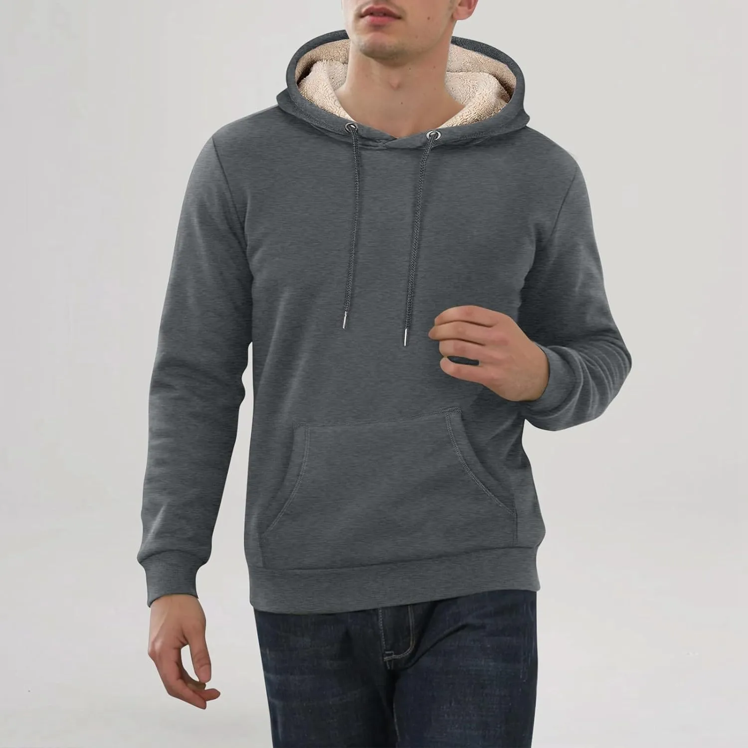 Winter Fleece Hoodies for Men Baggy Sherpa Lined Warm Hooded Sweatshirt Drawstring Thick Plush Pullover Coat w/Pocket