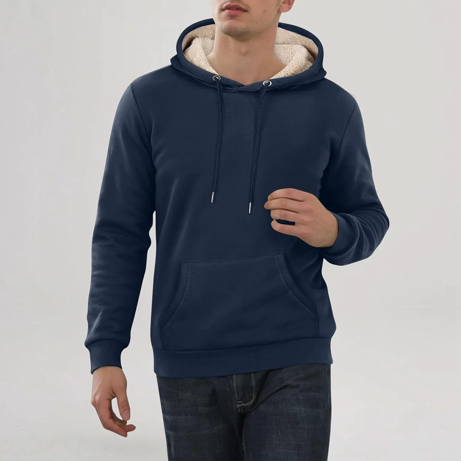 Winter Fleece Hoodies for Men Baggy Sherpa Lined Warm Hooded Sweatshirt Drawstring Thick Plush Pullover Coat w/Pocket