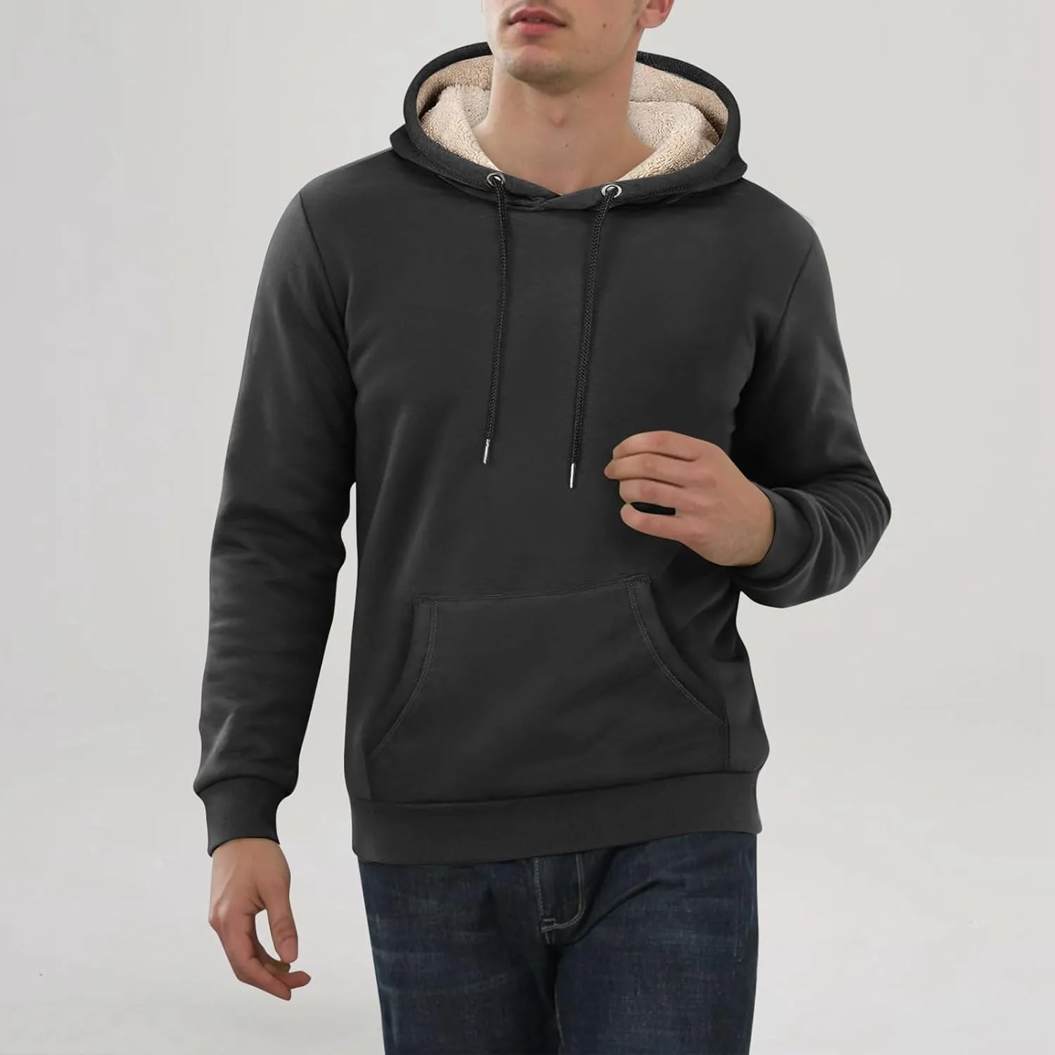 Winter Fleece Hoodies for Men Baggy Sherpa Lined Warm Hooded Sweatshirt Drawstring Thick Plush Pullover Coat w/Pocket