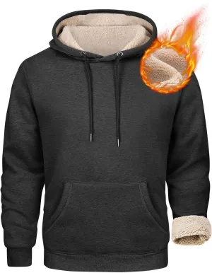 Winter Fleece Hoodies for Men Baggy Sherpa Lined Warm Hooded Sweatshirt Drawstring Thick Plush Pullover Coat w/Pocket