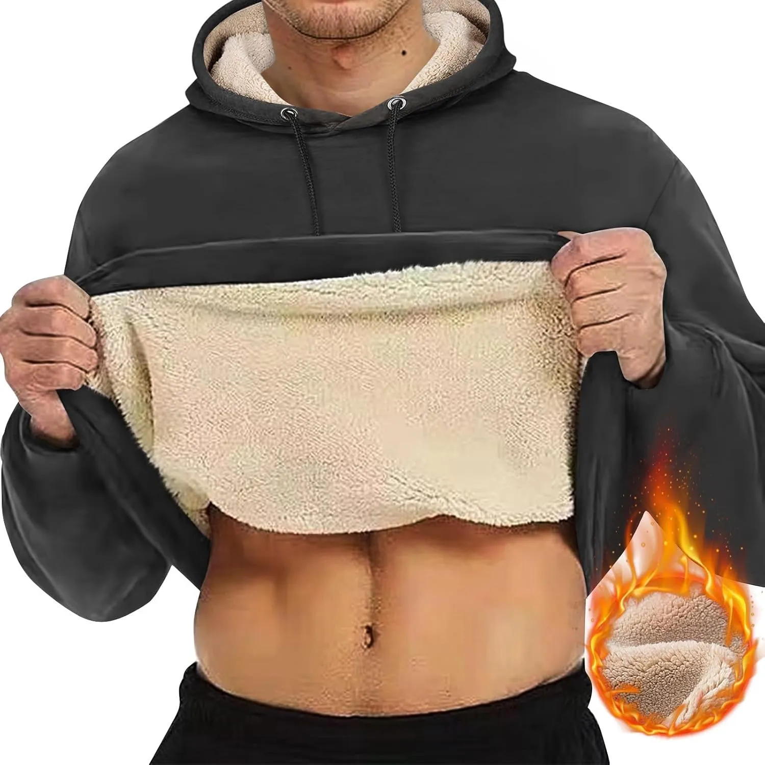 Winter Fleece Hoodies for Men Baggy Sherpa Lined Warm Hooded Sweatshirt Drawstring Thick Plush Pullover Coat w/Pocket