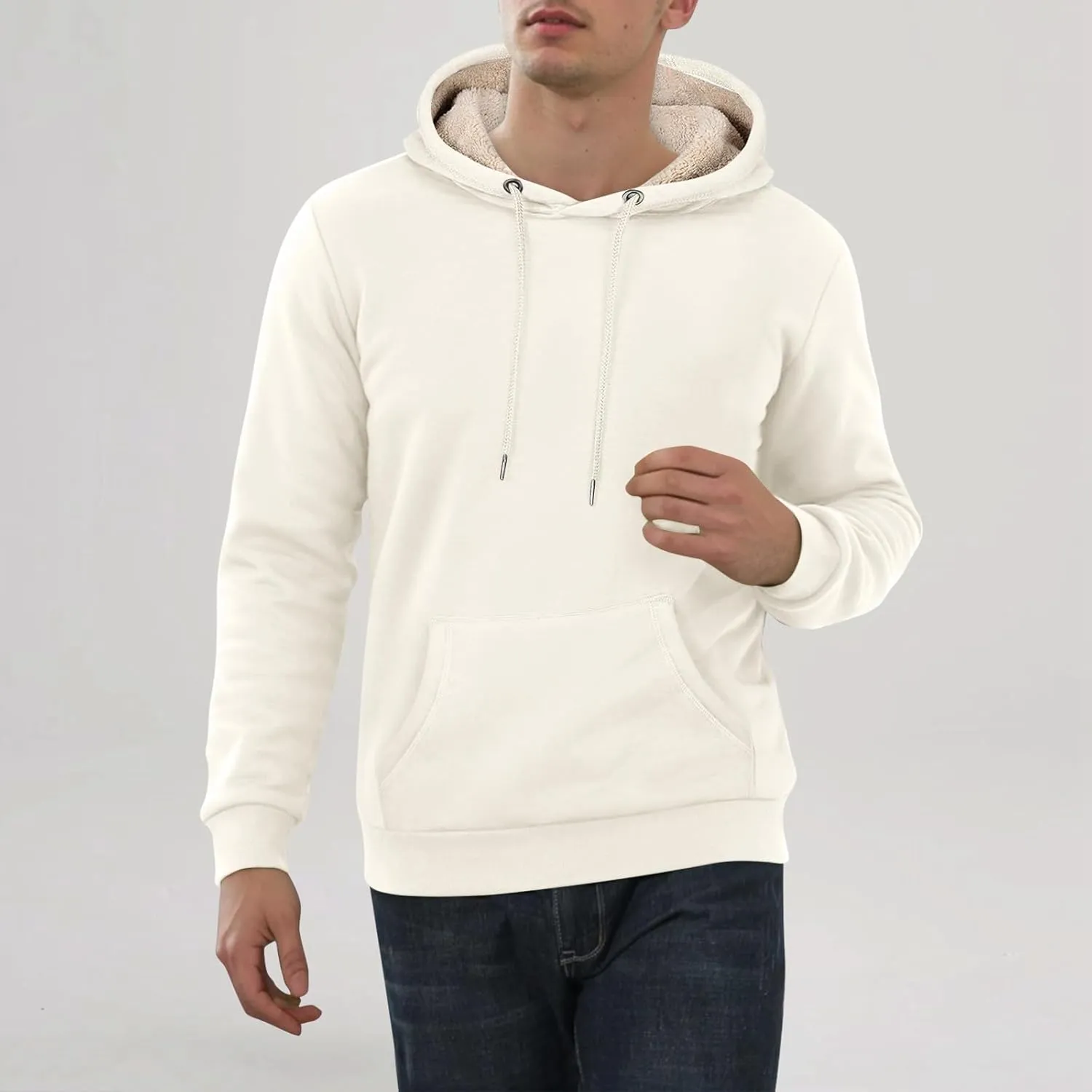 Winter Fleece Hoodies for Men Baggy Sherpa Lined Warm Hooded Sweatshirt Drawstring Thick Plush Pullover Coat w/Pocket