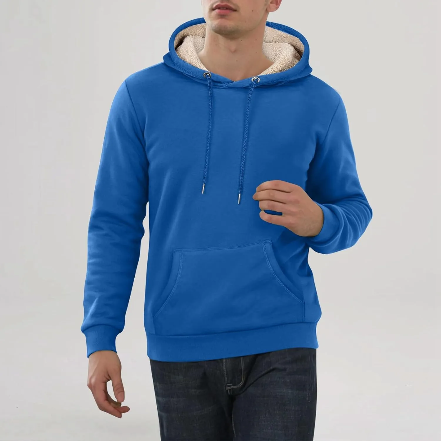Winter Fleece Hoodies for Men Baggy Sherpa Lined Warm Hooded Sweatshirt Drawstring Thick Plush Pullover Coat w/Pocket