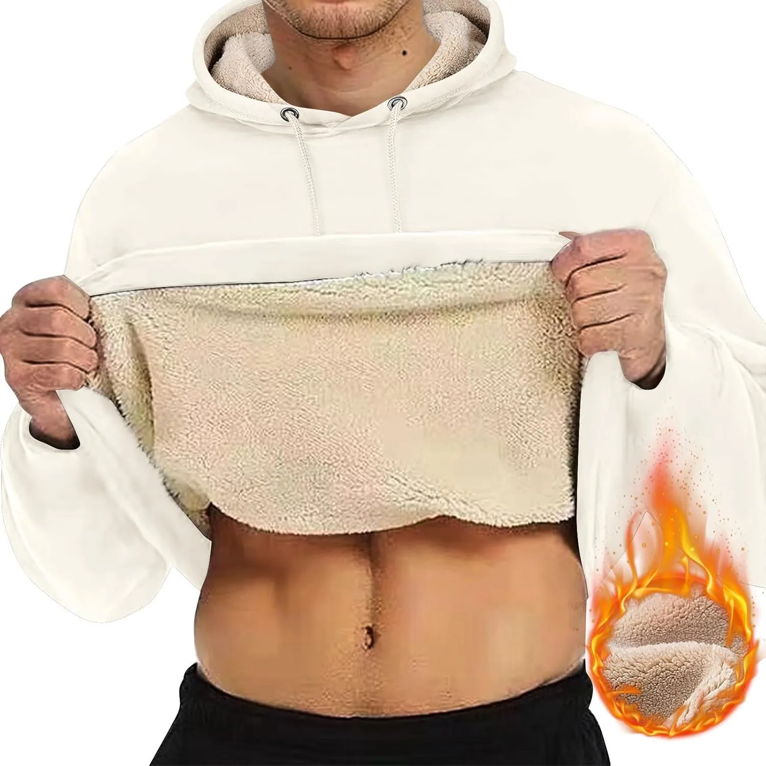 Winter Fleece Hoodies for Men Baggy Sherpa Lined Warm Hooded Sweatshirt Drawstring Thick Plush Pullover Coat w/Pocket