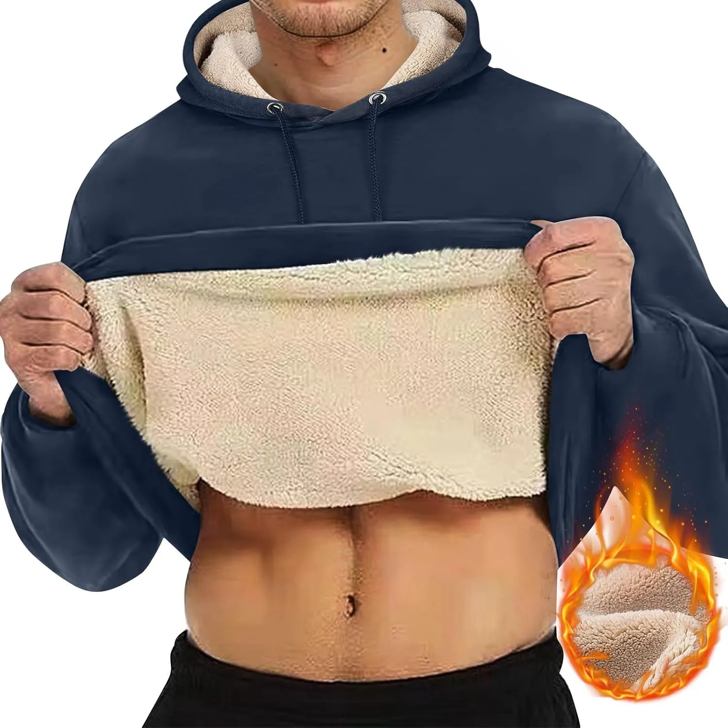 Winter Fleece Hoodies for Men Baggy Sherpa Lined Warm Hooded Sweatshirt Drawstring Thick Plush Pullover Coat w/Pocket