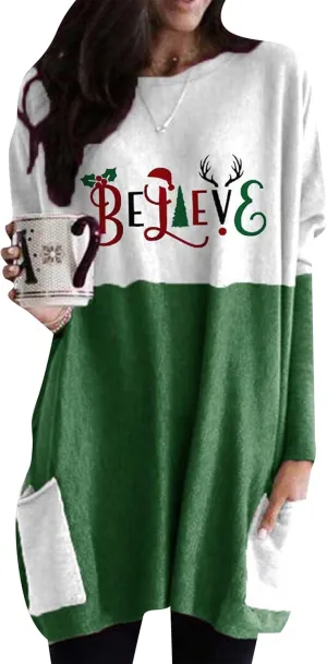 WIWIQS Womens Christmas Casual Print Sweatshirt Long Sleeve Round Neck Pocket T Shirts Blouses Tops