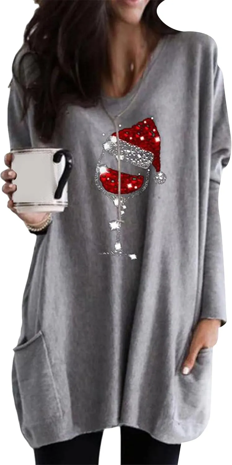 WIWIQS Womens Christmas Casual Print Sweatshirt Long Sleeve Round Neck Pocket T Shirts Blouses Tops