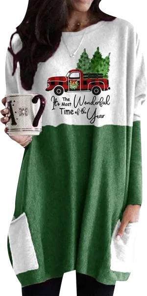 WIWIQS Womens Christmas Casual Print Sweatshirt Long Sleeve Round Neck Pocket T Shirts Blouses Tops