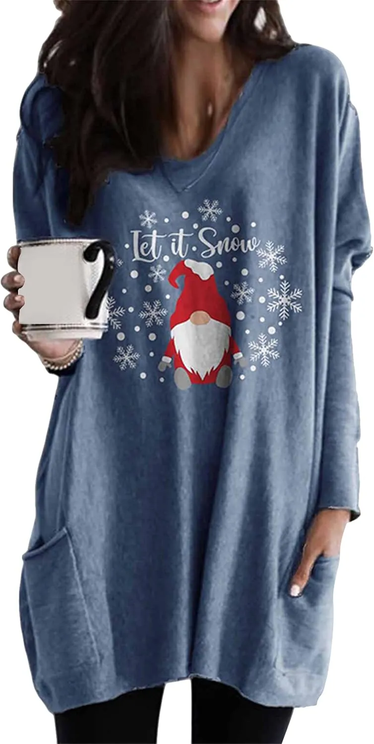 WIWIQS Womens Christmas Casual Print Sweatshirt Long Sleeve Round Neck Pocket T Shirts Blouses Tops