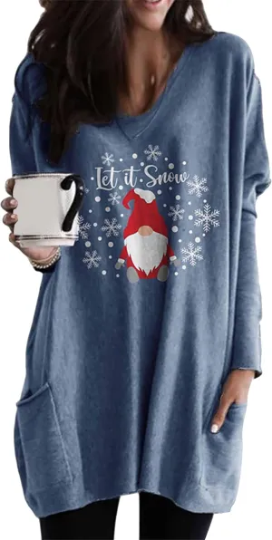 WIWIQS Womens Christmas Casual Print Sweatshirt Long Sleeve Round Neck Pocket T Shirts Blouses Tops
