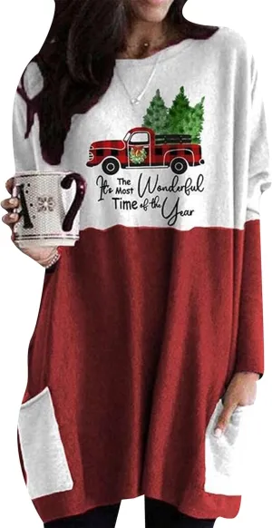 WIWIQS Womens Christmas Casual Print Sweatshirt Long Sleeve Round Neck Pocket T Shirts Blouses Tops