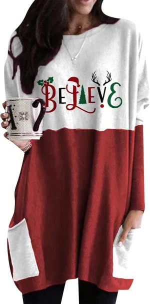 WIWIQS Womens Christmas Casual Print Sweatshirt Long Sleeve Round Neck Pocket T Shirts Blouses Tops