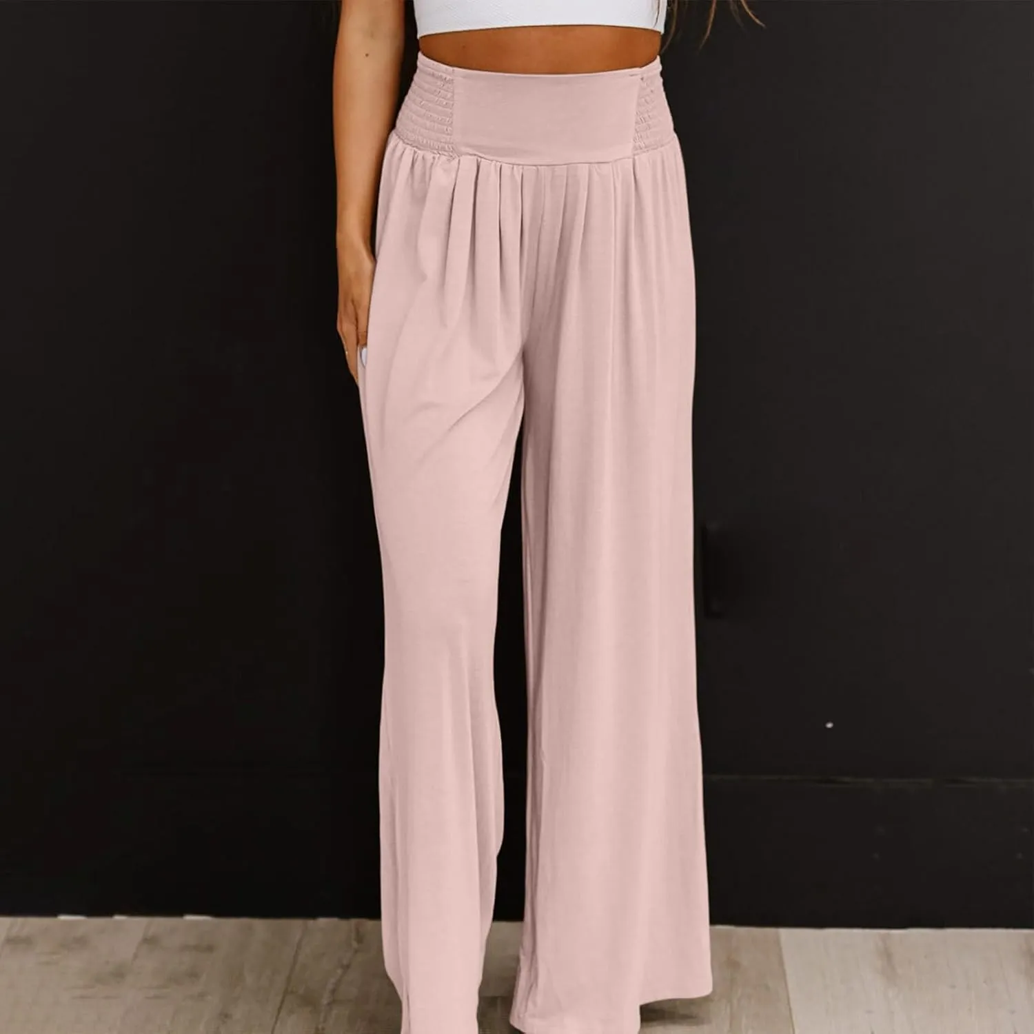 Women Casual High Waisted Cotton Linen Pants Loose Elastic Waist Beach Palazzo Pants Vacation Trouser with Pocket