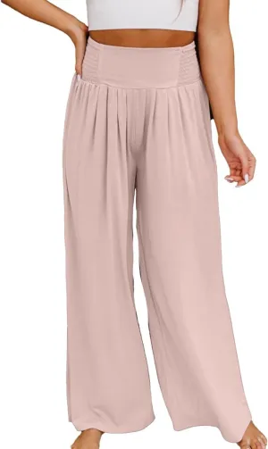 Women Casual High Waisted Cotton Linen Pants Loose Elastic Waist Beach Palazzo Pants Vacation Trouser with Pocket