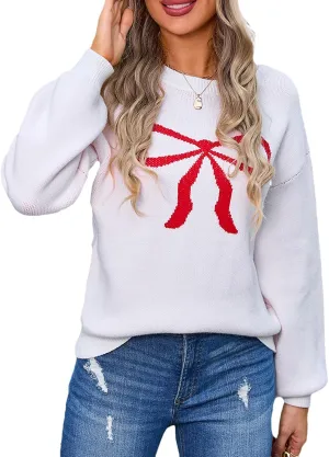 Women Cute Bow Sweater Long Sleeve Bow Front Knitted Pullover Oversized Jumper Ribbed Knitwear Y2k Going Out Top