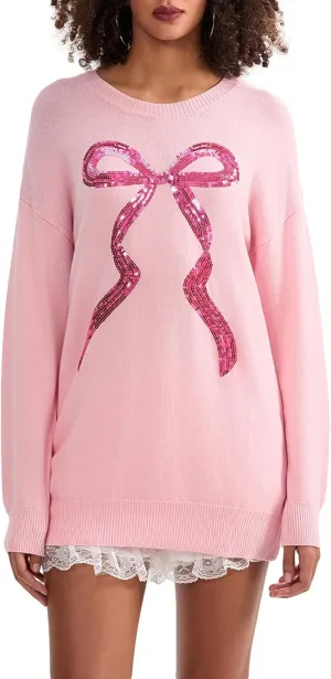 Women Cute Bow Sweater Long Sleeve Bow Front Knitted Pullover Oversized Jumper Ribbed Knitwear Y2k Going Out Top