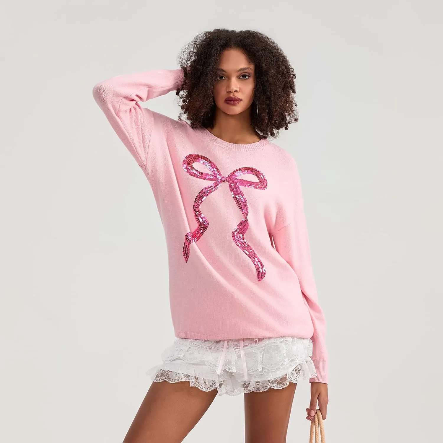 Women Cute Bow Sweater Long Sleeve Bow Front Knitted Pullover Oversized Jumper Ribbed Knitwear Y2k Going Out Top