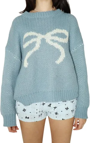 Women Cute Bow Sweater Long Sleeve Bow Front Knitted Pullover Oversized Jumper Ribbed Knitwear Y2k Going Out Top