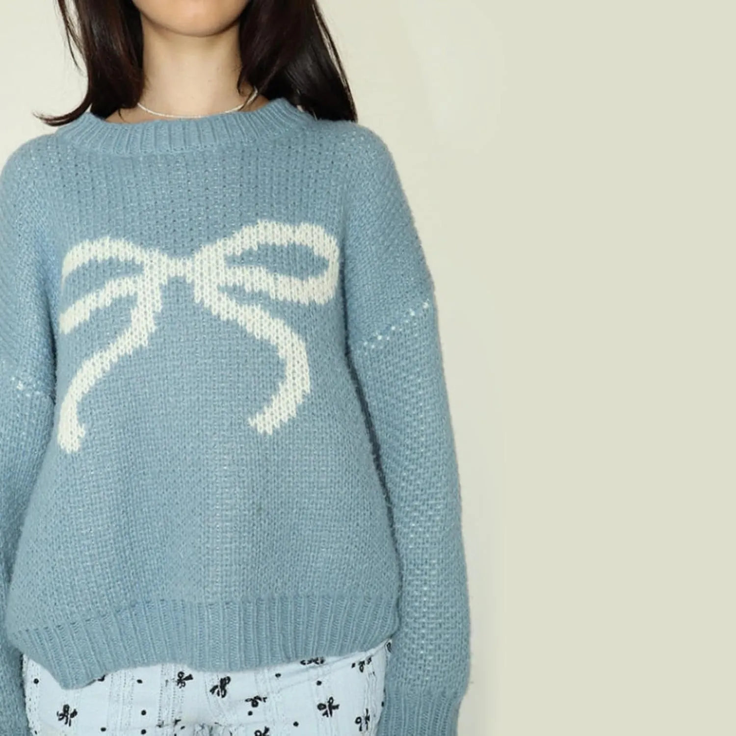 Women Cute Bow Sweater Long Sleeve Bow Front Knitted Pullover Oversized Jumper Ribbed Knitwear Y2k Going Out Top