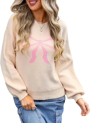 Women Cute Bow Sweater Long Sleeve Bow Front Knitted Pullover Oversized Jumper Ribbed Knitwear Y2k Going Out Top