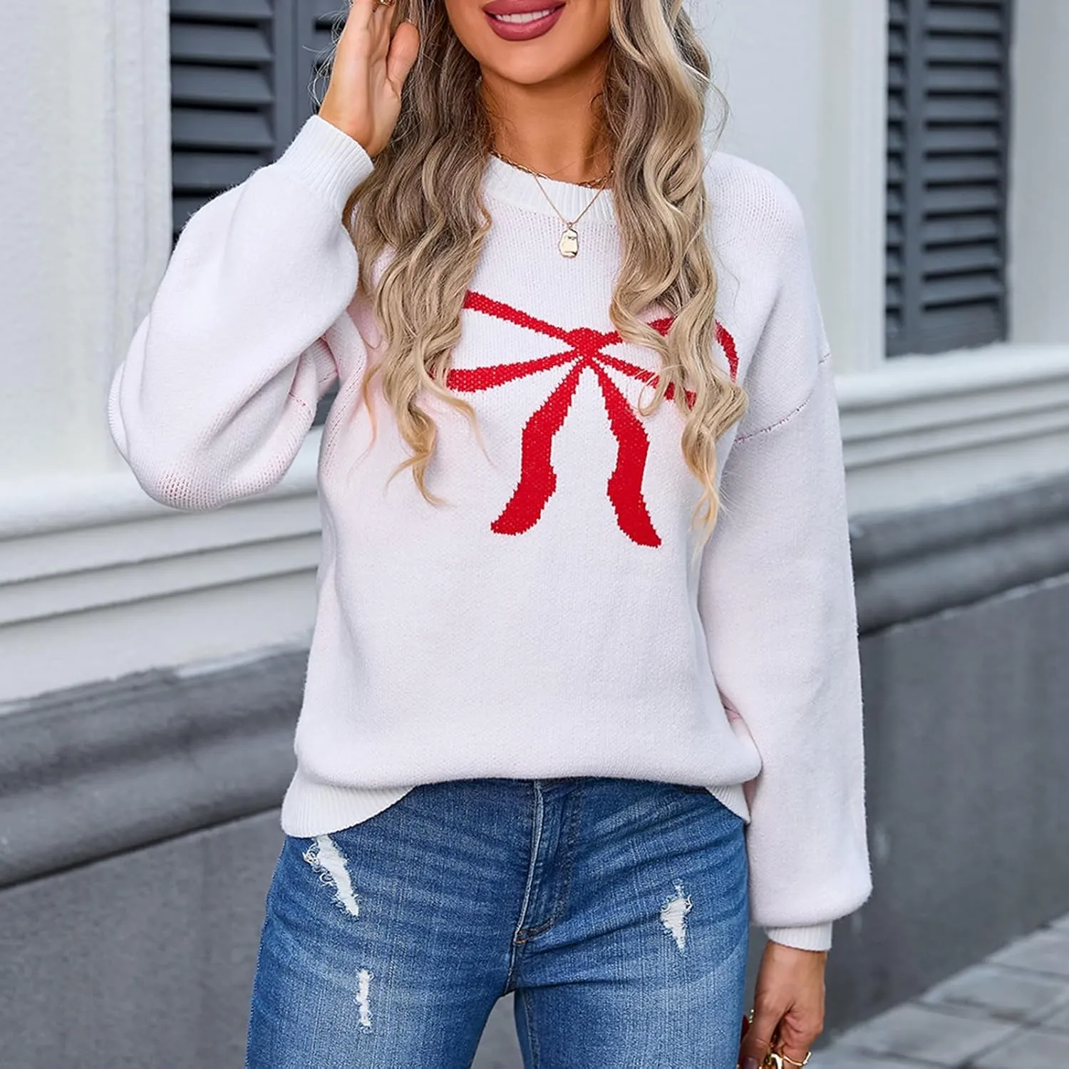 Women Cute Bow Sweater Long Sleeve Bow Front Knitted Pullover Oversized Jumper Ribbed Knitwear Y2k Going Out Top