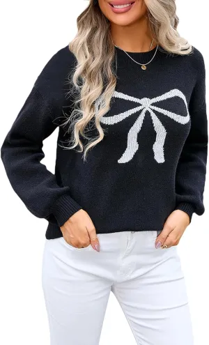 Women Cute Bow Sweater Long Sleeve Bow Front Knitted Pullover Oversized Jumper Ribbed Knitwear Y2k Going Out Top