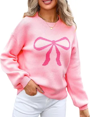 Women Cute Bow Sweater Long Sleeve Bow Front Knitted Pullover Oversized Jumper Ribbed Knitwear Y2k Going Out Top