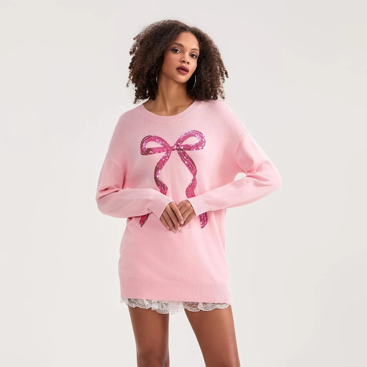 Women Cute Bow Sweater Long Sleeve Bow Front Knitted Pullover Oversized Jumper Ribbed Knitwear Y2k Going Out Top