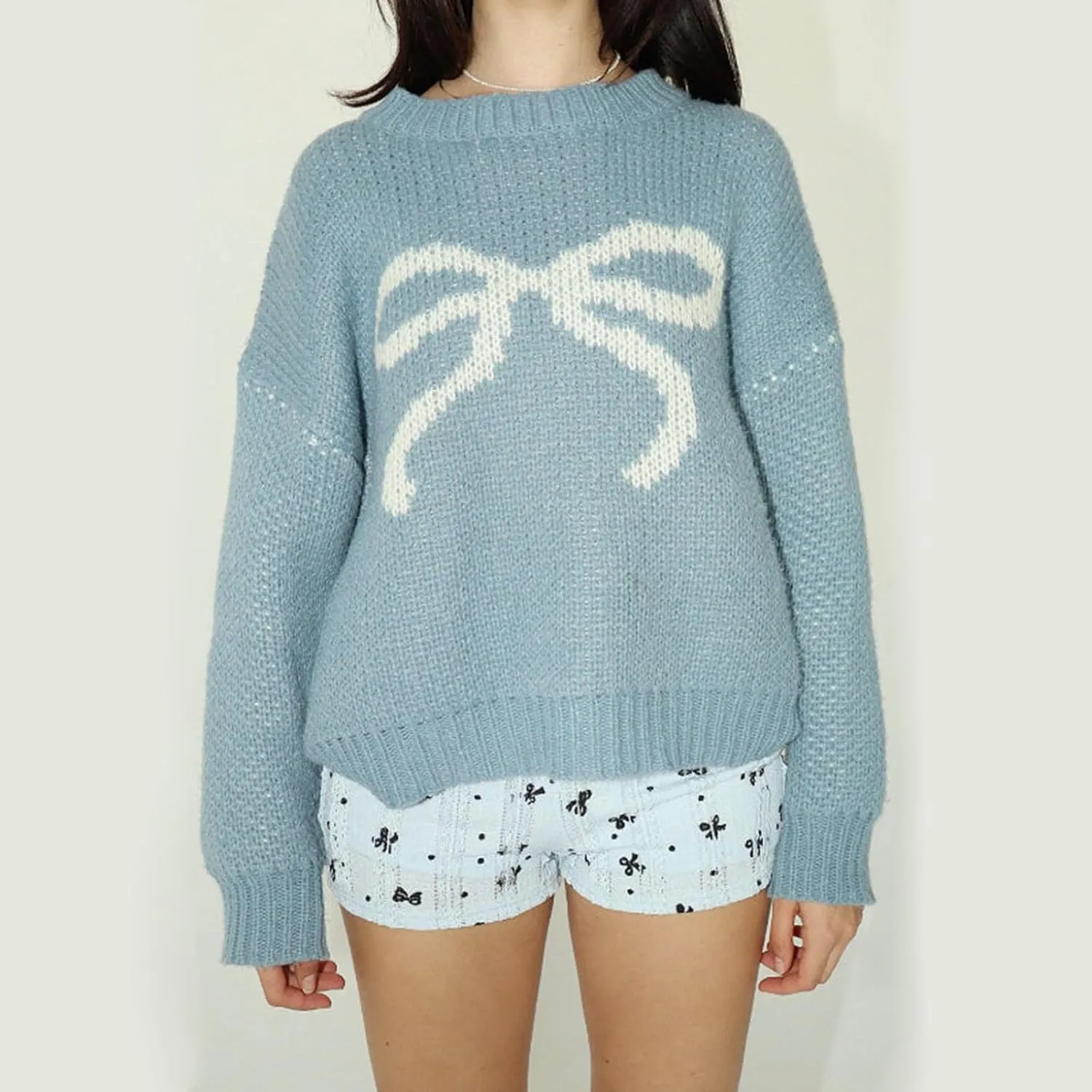 Women Cute Bow Sweater Long Sleeve Bow Front Knitted Pullover Oversized Jumper Ribbed Knitwear Y2k Going Out Top