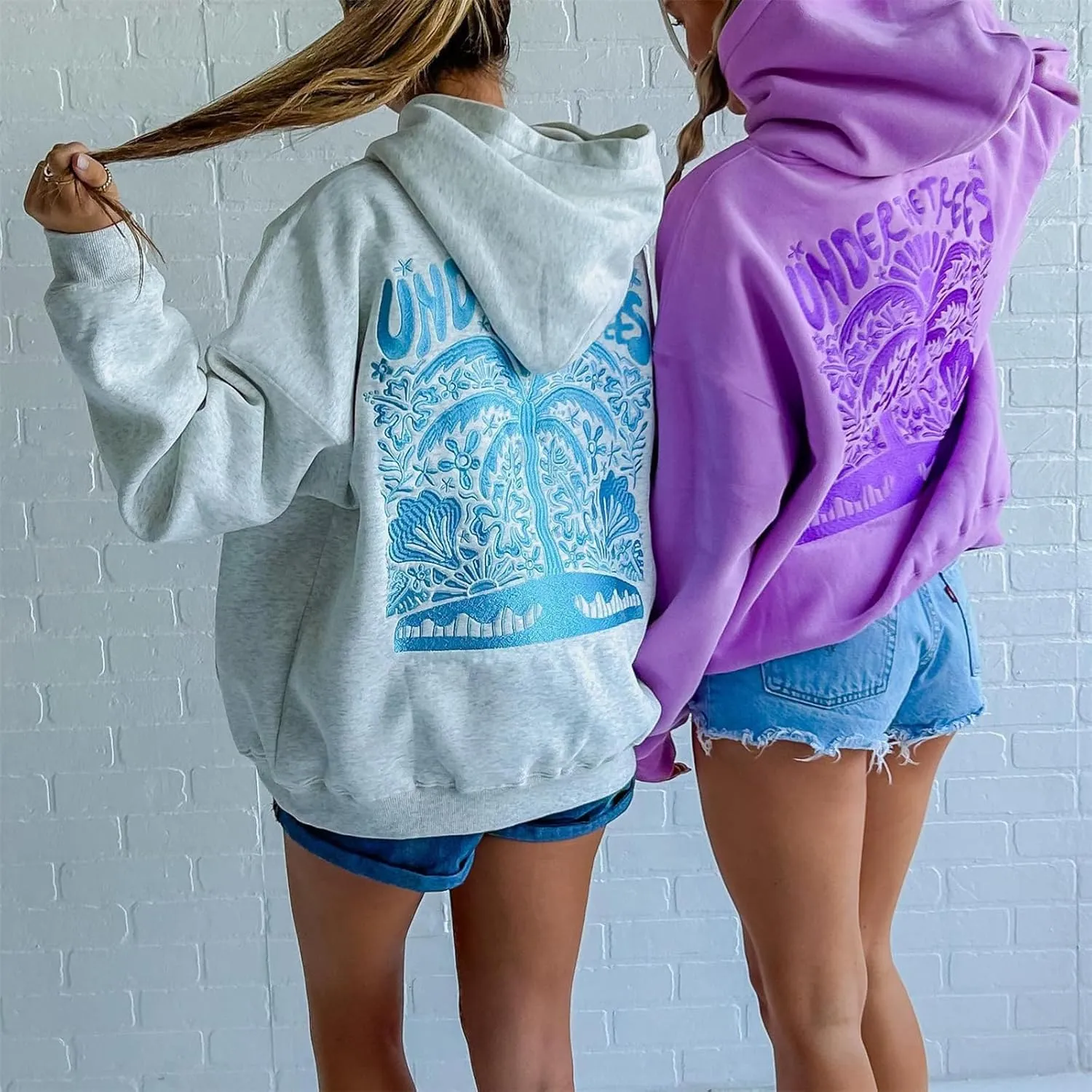 Women Embroidered Hoodies Y2K Long Sleeve Hooded Cute Preppy Fleece Pullover Sweatshirts with Pockets